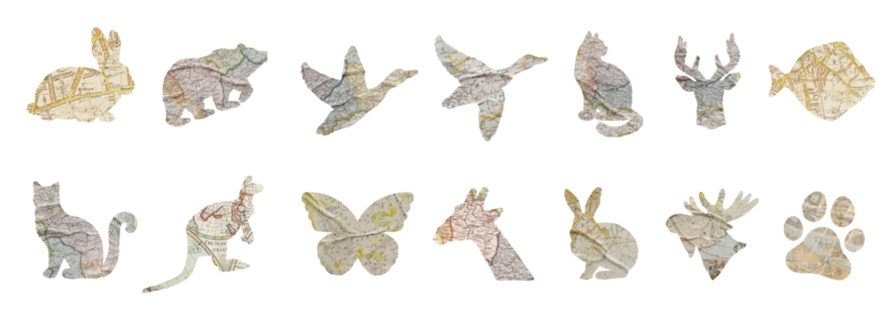 Animal cutouts with vintage map textures for collage, scrapbook, and retro travel themes