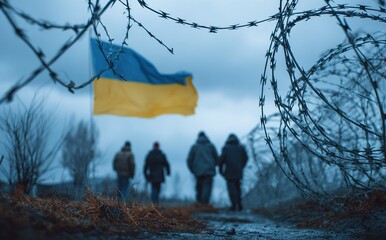 Ukraine flag. Refugees near barbed wire fence. Migrants migrates to other countries. High quality