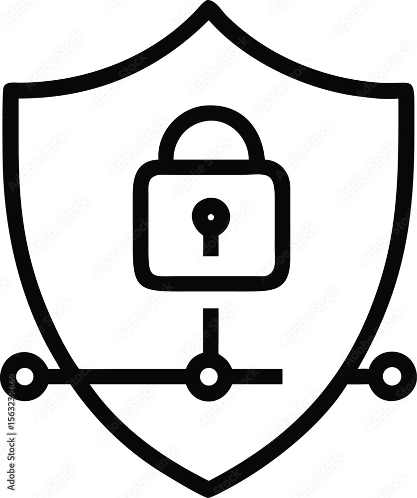 Poster secure network connection icon with lock on shield outline illustration