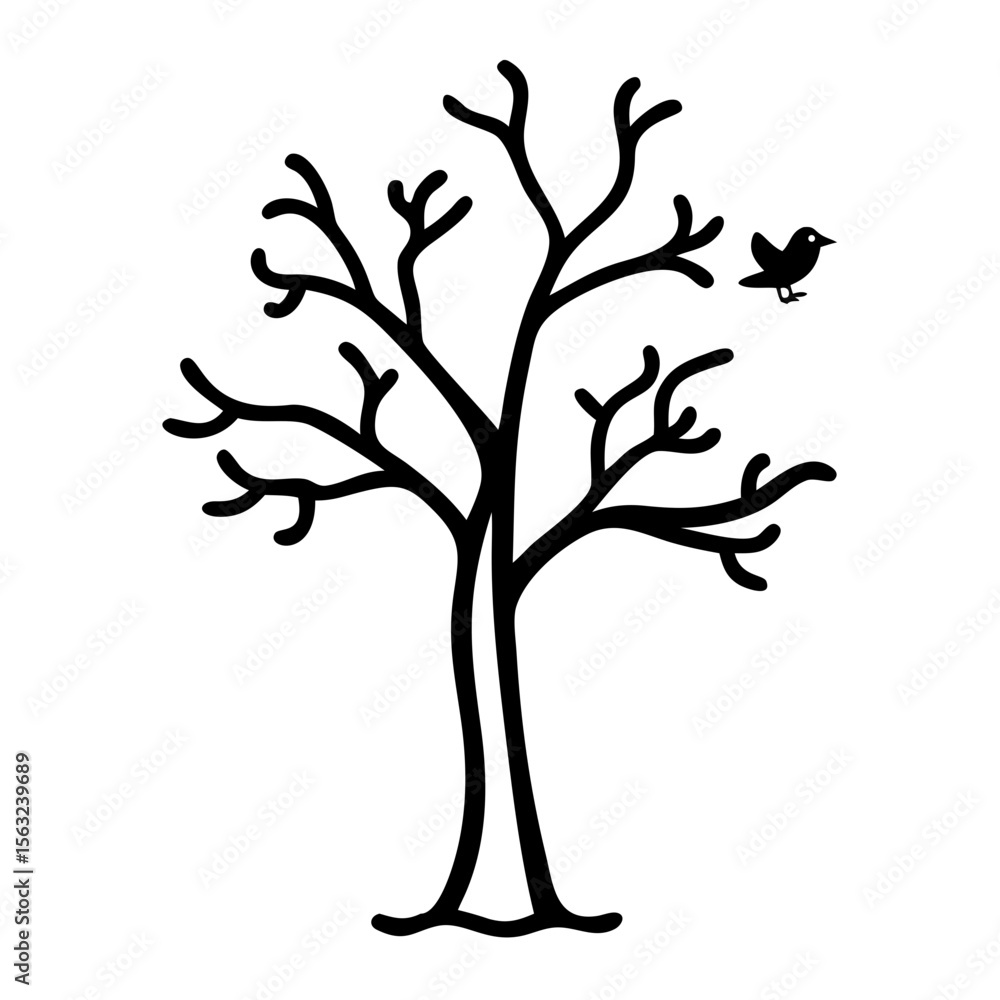 Poster a stark, leafless tree with a small bird perched on a branch stands in silhouette, isolated on white