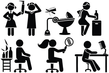 Figures performing various actions with hair styling tools and objects people scissors