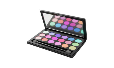 Colorful Eyeshadow Palette: A vibrant eyeshadow palette displaying a spectrum of hues, complete with applicator and mirror, poised for creative expression and beauty enhancement.