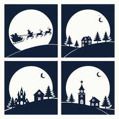 Silhouetted against a bright moon, santas sleigh flies over a quaint village with houses, trees, and a church, capturing the magic of christmas night
