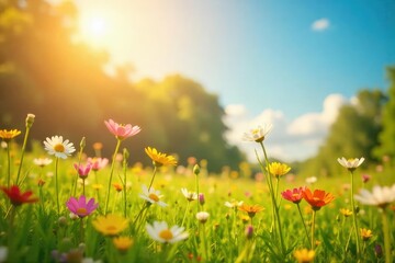 Joyful sunlit meadow scene, vibrant wildflowers swaying gently in a warm summer breeze Perfect for themes of happiness, nature, peace, and carefree living , breeze, sunshine