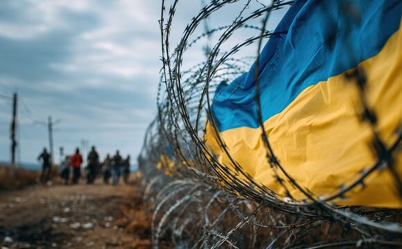 Ukraine flag. Refugees near barbed wire fence. Migrants migrates to other countries. High quality - Powered by Adobe