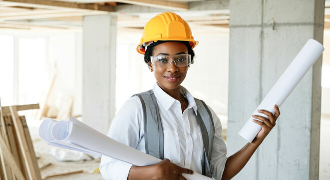 African American woman construction worker wearing hard hat and safety glasses, holding blueprints in a building site, showcasing her role in the construction industry and project management