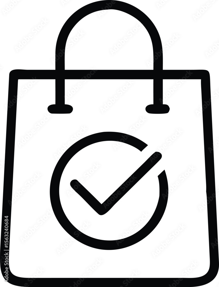 Poster shopping bag with check mark icon, flat line art style for web and app