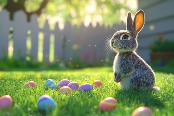 A small brown rabbit sits on green grass surrounded by colorful Easter eggs. The scene is bright and cheerful, evoking a festive atmosphere.