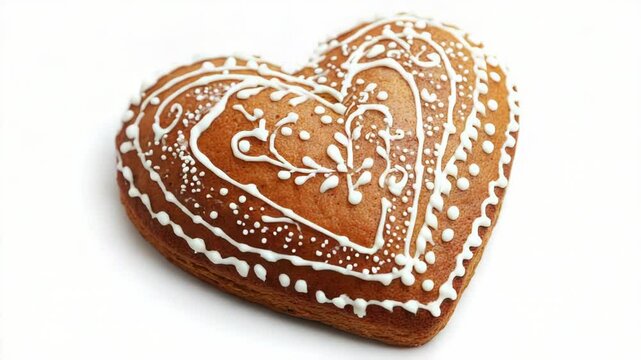 Freshly baked heart-shaped cookie with white icing on a clean white surface