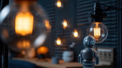 Futuristic robot stands near vintage edison bulb with warm bokeh lights
