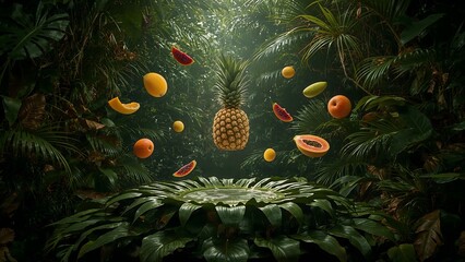 Tropical Paradise: A vibrant pineapple takes center stage, levitating amidst a lush, photorealistic jungle setting, encircled by a medley of freshly cut tropical fruits.