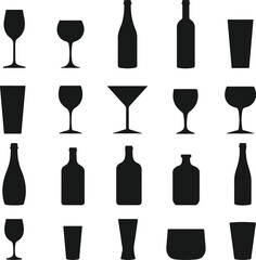 Collection of silhouetted glassware and beverage bottles for drinks