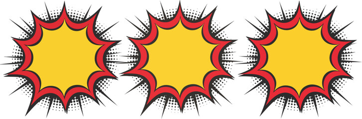three retro comic book style speech bubbles with yellow centers and red outlines