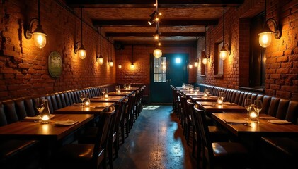 Mysterious, dimly lit underground restaurant with exposed brick walls and rustic wooden tables, creating a unique and intimate dining experience , inviting, design
