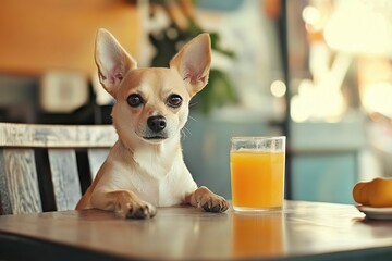 A small tan Chihuahua sits at a table with a glass of orange juice. The background features a cozy café setting with warm colors