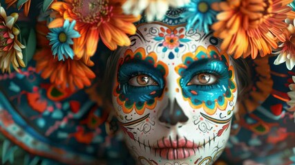 A close-up shot of a person's face with vibrant flower design, great for creative and beauty-related concepts