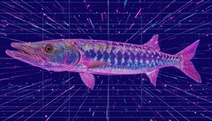 Colorful Digital Art of a Fish on a Neon Background with Lines