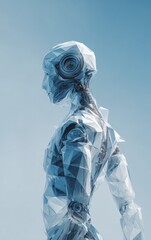 Futuristic Transparent Robot with Geometric Facets and Blue Sky