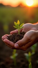 Close-up of Farmer's Hands Holding Soil at Sunset