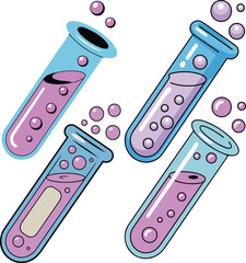 colorful test tubes with pink liquid and bubbles