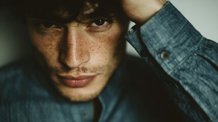Caucasian man with freckles and tousled hair stares intensely into camera under moody light