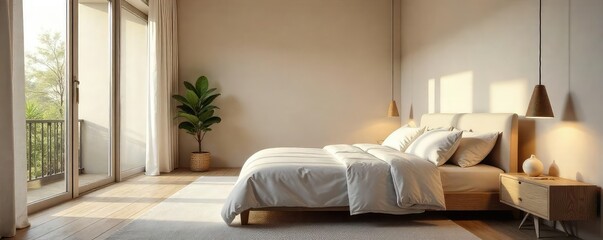 Serene bedroom interior, featuring soft lighting, neutral tones, and minimalist decor Perfect for relaxation and peaceful sleep Creates a calming and tranquil atmosphere , sanctuary, lamp
