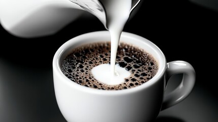 Obraz premium A Beautiful Contrast of Strong Black Coffee with Creamy Milk in a Bright White Ceramic Cup