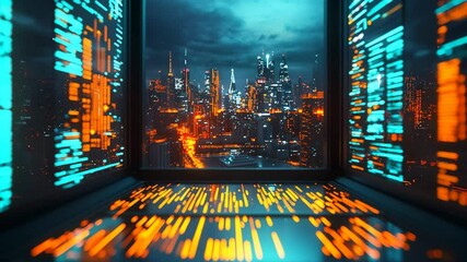 Futuristic financial dashboard illuminating a cityscape - Powered by Adobe