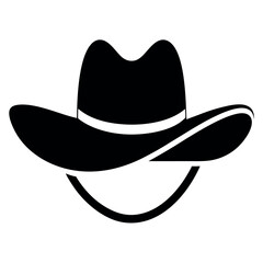 Black and White Cowboy Hat Icon with Curved Line Underneath Isolated on White