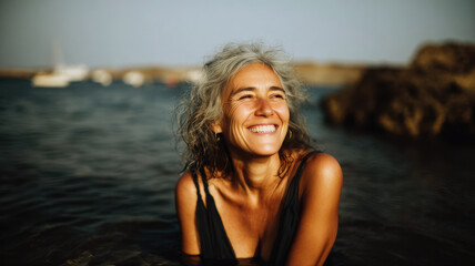 Caucasian woman with wet hair smiles in golden sunset light by the water. Carefree and radiant