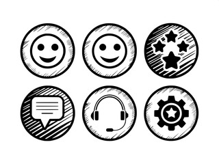 "Thin-line vector icons themed around customer satisfaction and care. Includes icons of smiling face rating, support team, message notification, call history, headset with gear, and support request."