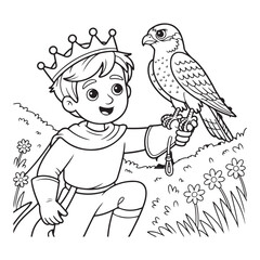 Coloring page of a prince with a falcon in a flower field