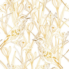 Seamless floral pattern. Romantic Crocus and delicate bitds will suit print on fabric, Wallpaper, wrapper and design. Golden line designe.