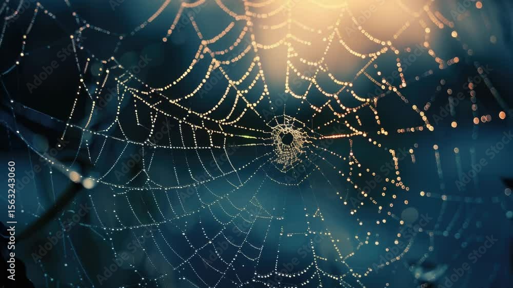 Poster a close-up of a spider web with water droplets glistening on its surface