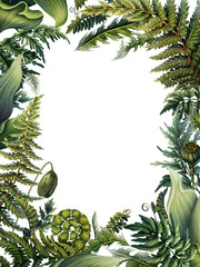 Elegant frame of green forest leaves. Illustration template with green leaves. Leafy print for card. Botanical invitation with green plants and fern