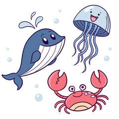 Ocean Creatures Sticker Pack – Whimsical Whale, Jellyfish & Crab Designs for Scrapbooks, Water Bottles & Marine Lovers (Kawaii Underwater Aesthetic)