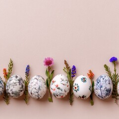 Colorful Easter Eggs Decorated with Flowers on Soft Background