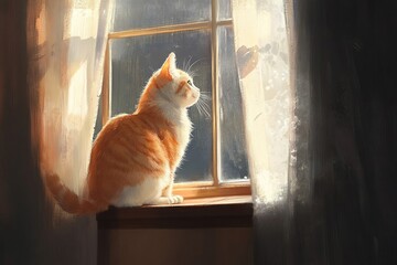 An orange tabby cat sits on a windowsill, gazing out the window. Soft light filters through sheer curtains, creating a warm atmosphere.