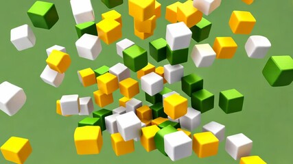 Dynamic explosion and scattering of 3d cubes in green, yellow, and white on green background - Powered by Adobe