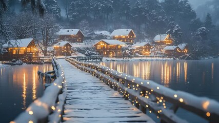 Charming snow covered village with a twinkling bridge over a frozen lake - Powered by Adobe
