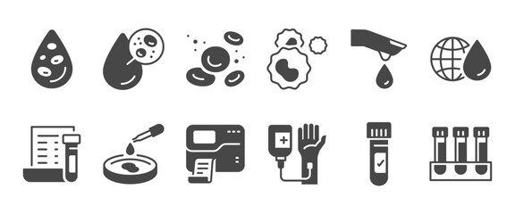 Hematology solid icon set. It included hematologist, Blood, Test Tube, Blood Slide, and more icons