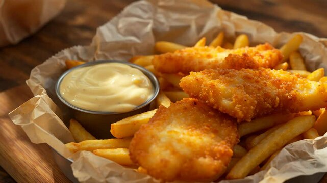 Wide angle close-up of classic fish and chips