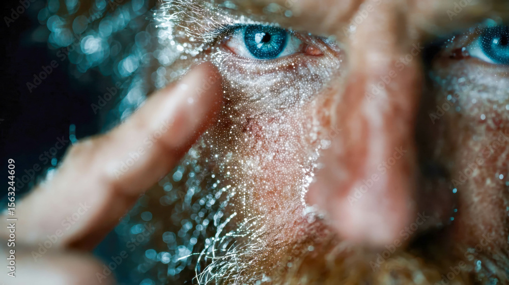 Poster close-up of a man's eye and hand interacting with a holographic digital interface, emphasizing techn