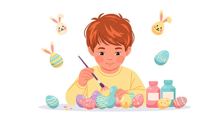 Young artist joyfully painting Easter eggs with vibrant colors, surrounded by whimsical bunny decorations in a charming holiday scene.