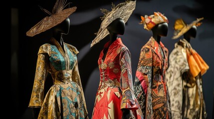 Obraz premium Four mannequins wearing different colored dresses and hats