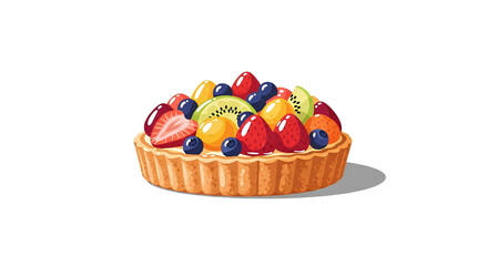 A delectable fruit tart showcases vibrant strawberries, blueberries, kiwi and oranges on a flaky crust against a clean backdrop.