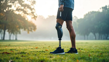 People walk, stretch, or cycle outdoors in athleisure outfits, with a prosthetic leg visible in the morning.