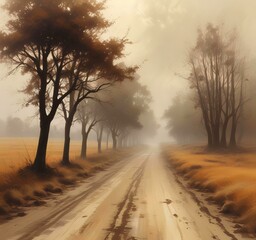 Fototapeta premium Illustration of misty road through a brown field.