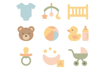 Pastel baby essentials vector illustration: flat style design for nursery decor