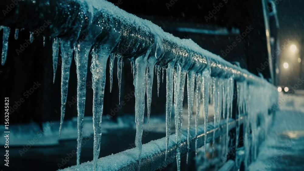 Poster frosty icicles hang from a railing in the snowy scene